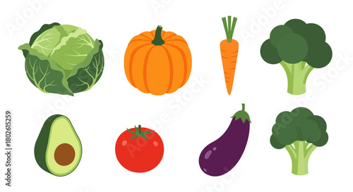 Colorful flat style vegetables and fruits collection for healthy eating