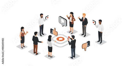 Interactive team meeting with isometric businesspeople engaging in social media dialogue