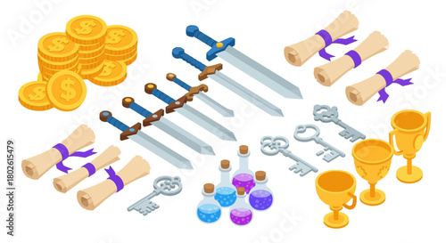 Isometric medieval game icons with swords, coins, scrolls, and keys