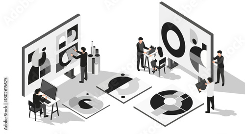 Creative team collaborating on modern art in a studio setting with geometric designs