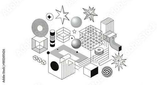 Monochrome geometric abstract shapes in isometric arrangement for creative design