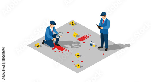 Crime scene investigation isometric art with detectives analyzing clues