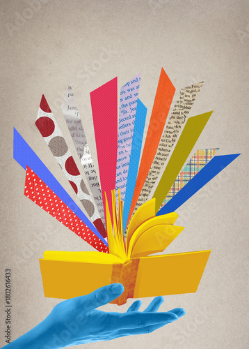 Human hand and open books over abstract background. Contemporary art collage. Concept of education, reading, knowledge