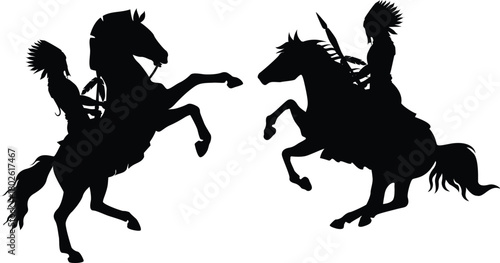 Native American Warriors on Rearing Horses Silhouette