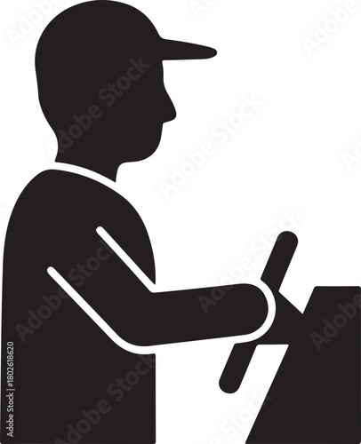 Worker in cap operating machinery, industrial process, safety, work, factory silhouette