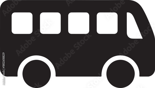 Simple black icon silhouette of a bus with windows and wheels on white background.