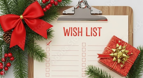 Create a festive wish list for Christmas with wrapped gifts and holiday decorations for joyful season