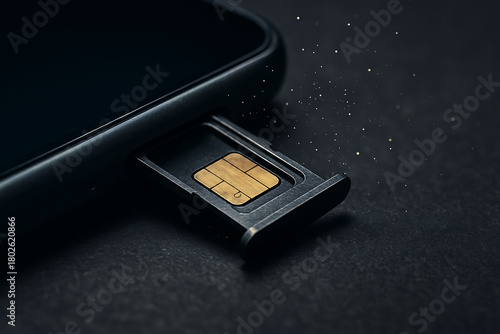 Smartphone SIM card tray partially ejected close up dust particles concept connectivity issue technology macro detail mobile device repair situation minimalist black background technical component exp
