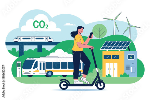 A person on an electric scooter represents sustainable urban transport and renewable energy.