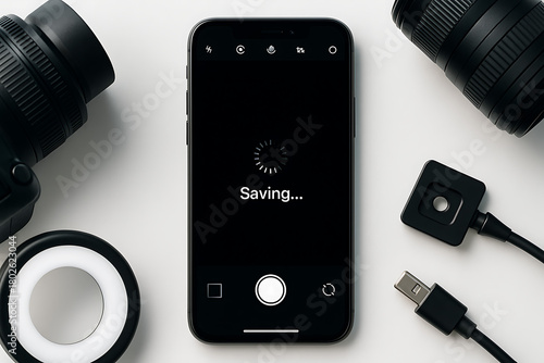 Saving photo in smartphone camera interface professional mobile photography production workflow saving indicator loading screen surrounded by camera accessories cinematic studio setup digital photo ca
