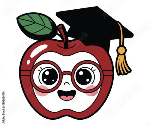 A cartoon apple wearing glasses and a graduation cap smiles happily, symbolizing education and learning in a charming illustration.