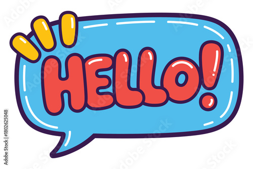 A bright blue speech bubble with the word "HELLO!" written in bold red letters, conveying a friendly greeting.