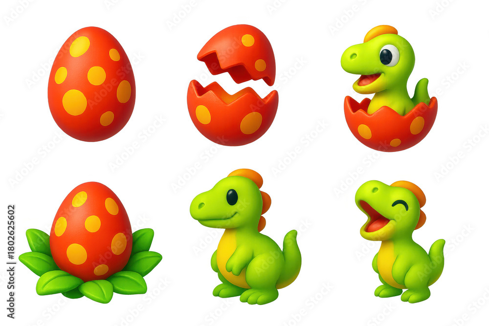 Fototapeta premium Series of images of a dinosaur egg and a baby dinosaur