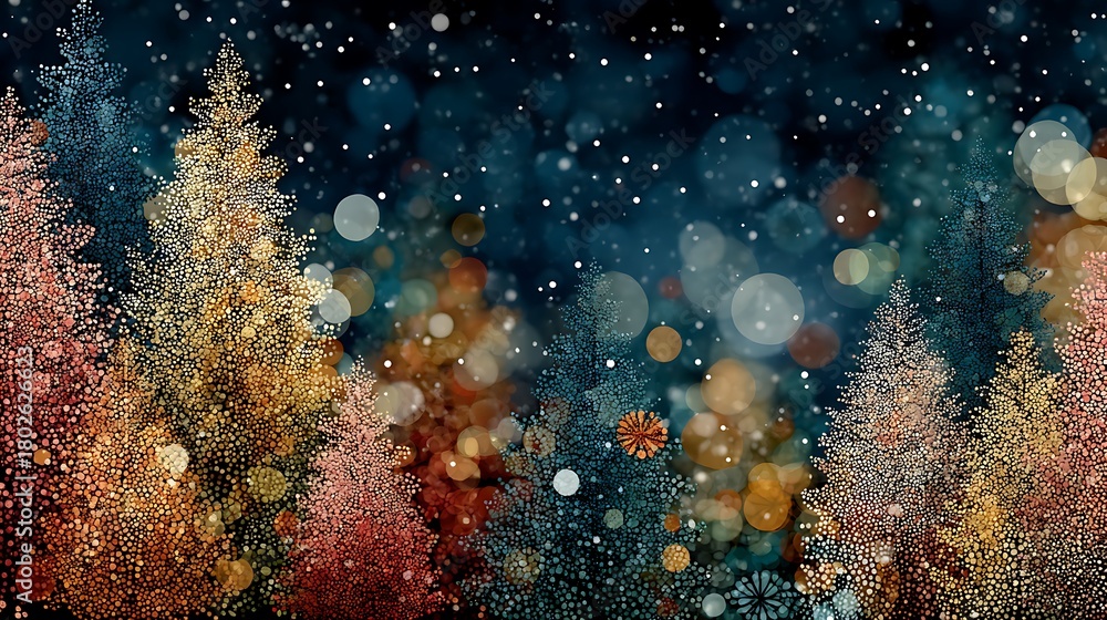 Fototapeta premium Illuminated Christmas Trees with Bokeh Lights and Falling Snow in Dark Forest winter snowy photo