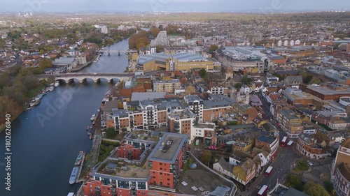 Aerial footage of town centre of Kingston upon Thames, London, UK.