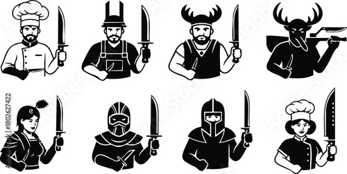 Diverse chef and warrior characters holding knives in black and white vector illustration for cooking and combat themes 