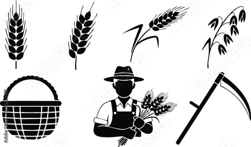 Agricultural farming icons with farmer holding wheat and traditional harvesting tools vector illustration 