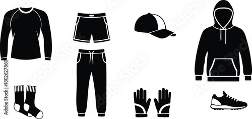 Sportswear clothing icons including sweatshirt, shorts, cap, hoodie, socks, trousers, gloves, and sneaker vector illustration 