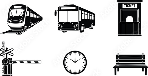 Public transportation train bus ticket booth railway crossing clock and bench vector icons set 