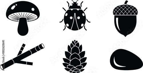Forest elements collection with mushroom ladybug acorn twigs pinecone and stone vector icons set 