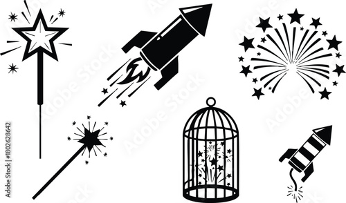 Fireworks rocket and magic wand vector collection with starry cage and explosive starbursts illustration set 
