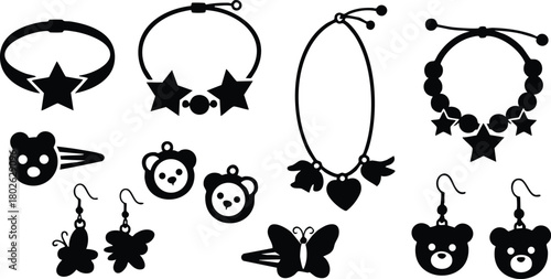Star bear butterfly jewelry set vector with bracelets earrings and necklaces in simple black silhouette style 