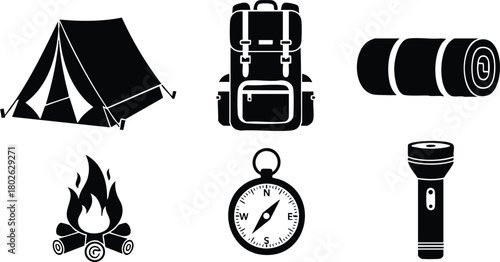 Camping and Hiking Equipment Vector Set with Tent Backpack Sleeping Bag Campfire Compass Flashlight 