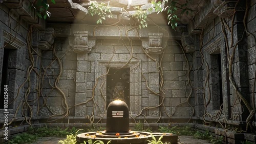 Shiva Linga inside an abandoned ancient temple with cracked stone walls and dusty sunlight beams