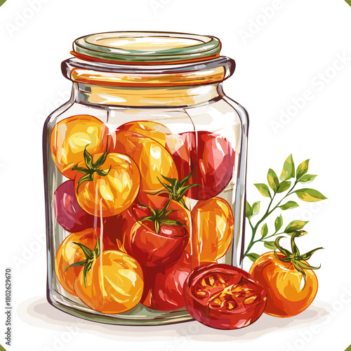 Vector illustration of sun-dried tomatoes. Vector illustration of a glass jar filled with red and yellow tomatoes with green leaves, isolated on a white background