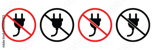 No Electric Plug Warning Icons – Power Restriction, Prohibited Socket and Safety
 Sign Vector Set