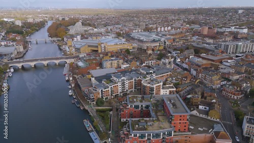 Aerial footage of town centre of Kingston upon Thames, London, UK.