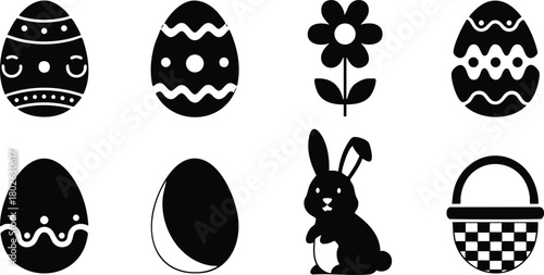 Easter eggs and bunny vector icons with basket and flower design elements for spring celebration and decoration 