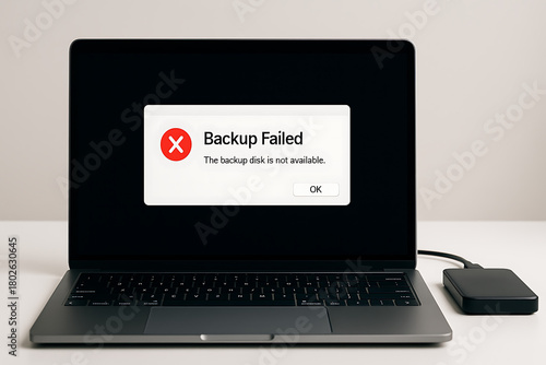 Laptop displaying backup failed error message on screen, external drive malfunction causing data protection issue, system storage warning concept illustrating computer backup problem and digital file 