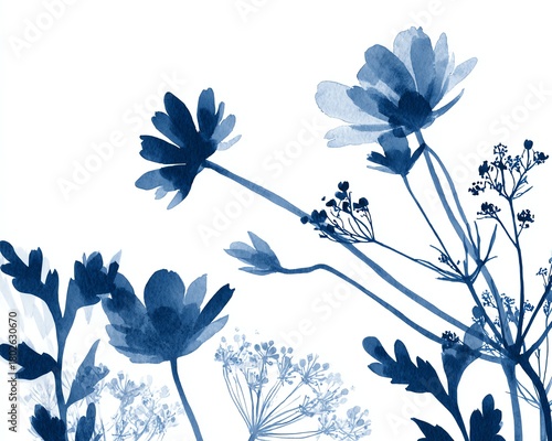 Indigo cyanotype-inspired watercolor botanicals