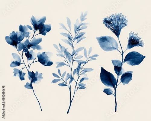Indigo cyanotype-inspired watercolor botanicals