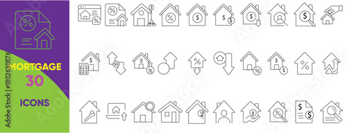 Home Loan and Mortgage Icon Set. Features icons for property purchase, EMI plans, approvals, documents, savings, interest, security, investment, and real-estate workflow.