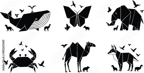 Abstract black animal silhouettes including whale elephant camel butterfly and more vector illustration 