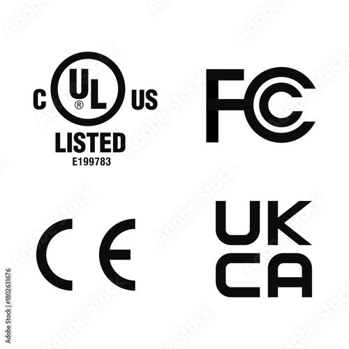 UL, CE Marking, FCC, UKCA Icons vector