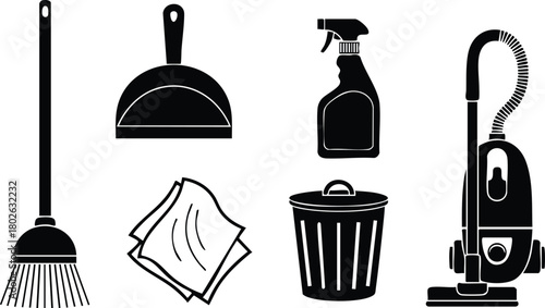 Cleaning tools vector set with broom dustpan spray bottle cloth trash bin and vacuum cleaner icons 