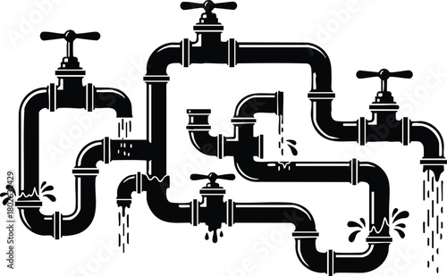 Water pipes with dripping faucets and valves vector illustration in black silhouette style 