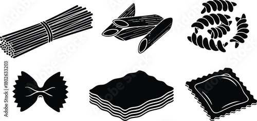 Various types of pasta collection including spaghetti, penne, fusilli, farfalle, lasagna, and ravioli vector illustration 