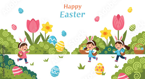 Happy easter greeting card with children wearing bunny ears searching for colorful eggs amidst flowers and bushes