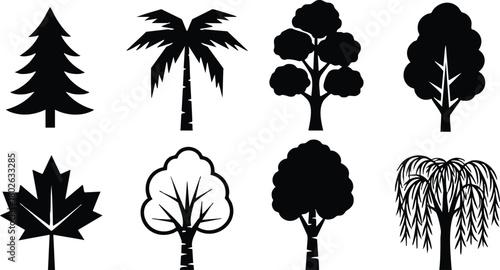Tree silhouettes vector set featuring pine palm maple and willow shapes for nature and landscape designs 