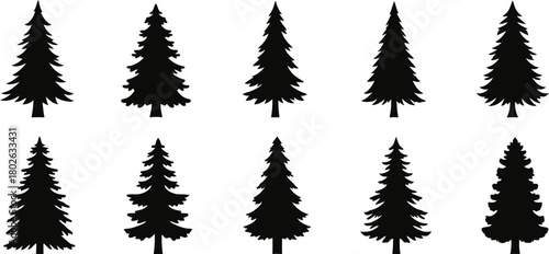 Collection of silhouette pine trees in various styles