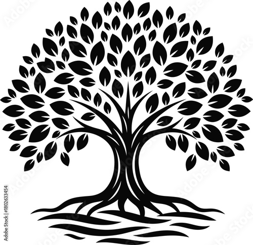 Stylized black and white tree with visible roots and leaves