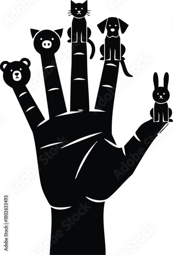 Black silhouette of hand with finger puppets showing various animals including bear, dog, cat, rabbit, and mouse vector illustration 