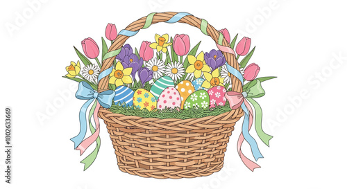 Whimsical easter basket overflowing with colorful decorated eggs and spring flowers on a white background