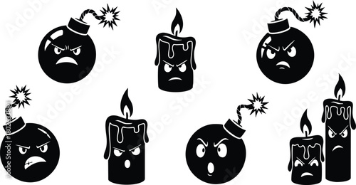 Angry bomb and melting candle icons with expressive faces in black silhouette style vector illustration 