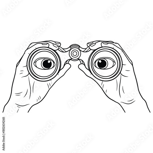 Close up of hands holding vintage binoculars with eyes peering through the lenses in a sketch style