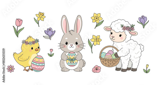 Cute easter characters including a chick bunny and sheep with decorated eggs and spring flowers